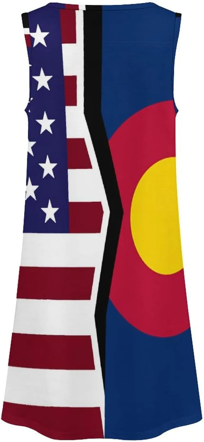 USA and Colorado State Flag Women's Summer Dress Sleeveless Casual Loose Beach Vacation Tank Sundress
