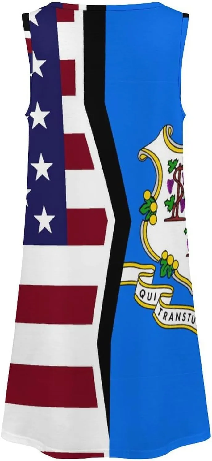 USA and Connecticut State Flag Women's Summer Dress Sleeveless Casual Loose Beach Vacation Tank Sundress