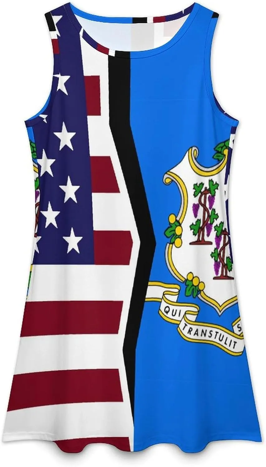 USA and Connecticut State Flag Women's Summer Dress Sleeveless Casual Loose Beach Vacation Tank Sundress