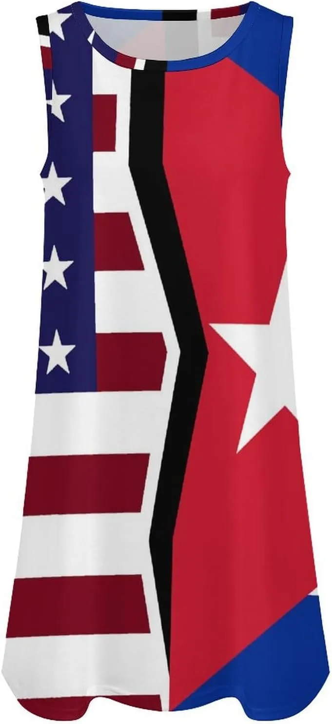 USA and Cuban Flag Women's Summer Dress Sleeveless Casual Loose Beach Vacation Tank Sundress