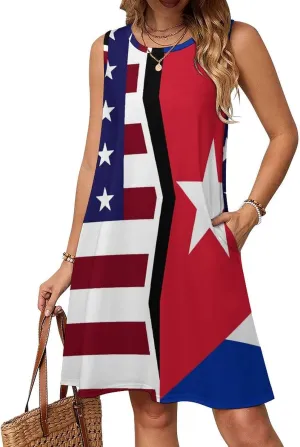 USA and Cuban Flag Women's Summer Dress Sleeveless Casual Loose Beach Vacation Tank Sundress