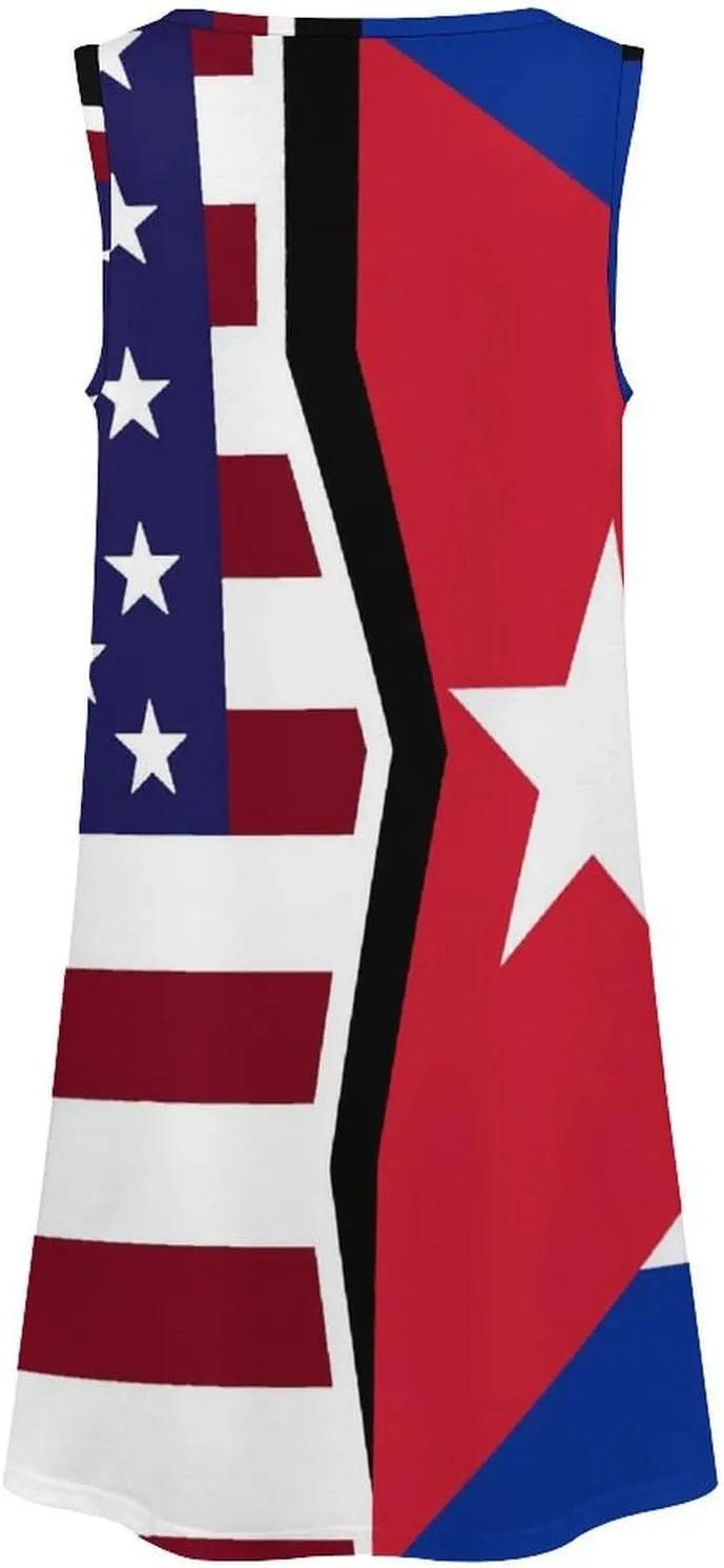 USA and Cuban Flag Women's Summer Dress Sleeveless Casual Loose Beach Vacation Tank Sundress
