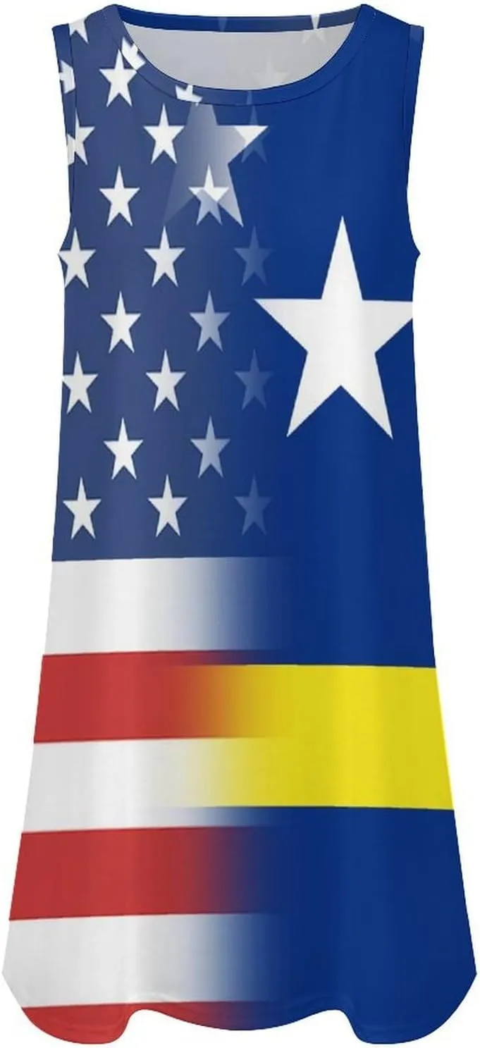 USA and Curacao Flag Women's Summer Dress Sleeveless Casual Loose Beach Vacation Tank Sundress