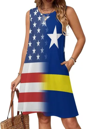 USA and Curacao Flag Women's Summer Dress Sleeveless Casual Loose Beach Vacation Tank Sundress