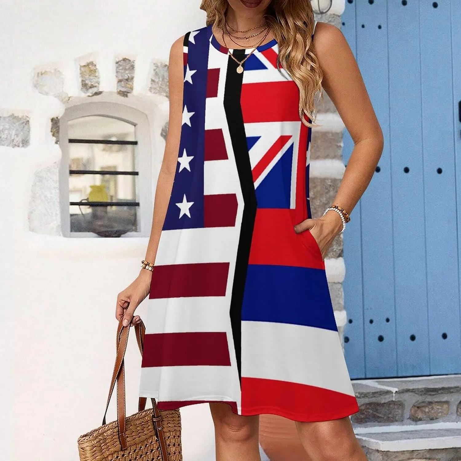 USA and Hawaii State Flag Women's Summer Dress Sleeveless Casual Loose Beach Vacation Tank Sundress
