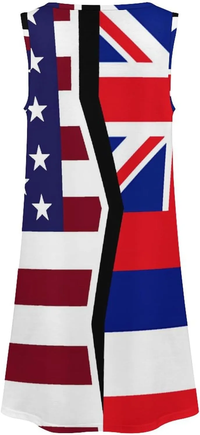 USA and Hawaii State Flag Women's Summer Dress Sleeveless Casual Loose Beach Vacation Tank Sundress