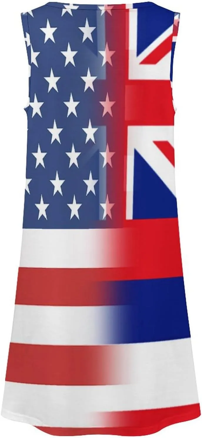 USA and Hawaii State Flag Women's Summer Dress Sleeveless Casual Loose Beach Vacation Tank Sundress