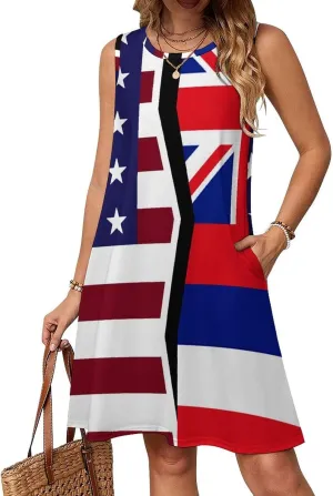 USA and Hawaii State Flag Women's Summer Dress Sleeveless Casual Loose Beach Vacation Tank Sundress