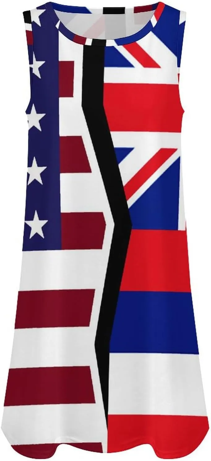 USA and Hawaii State Flag Women's Summer Dress Sleeveless Casual Loose Beach Vacation Tank Sundress
