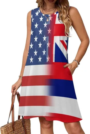 USA and Hawaii State Flag Women's Summer Dress Sleeveless Casual Loose Beach Vacation Tank Sundress