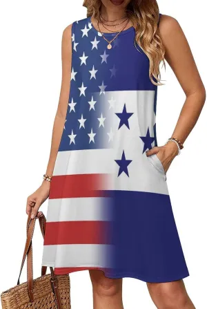 USA and Honduras Map Flag Women's Summer Dress Sleeveless Casual Loose Beach Vacation Tank Sundress
