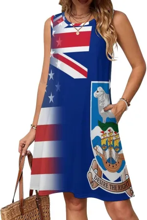 USA and Malvinas Islands Flag Women's Summer Dress Sleeveless Casual Loose Beach Vacation Tank Sundress