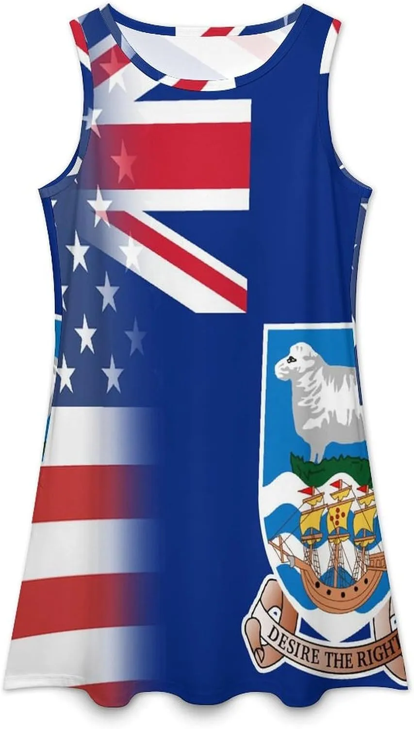 USA and Malvinas Islands Flag Women's Summer Dress Sleeveless Casual Loose Beach Vacation Tank Sundress