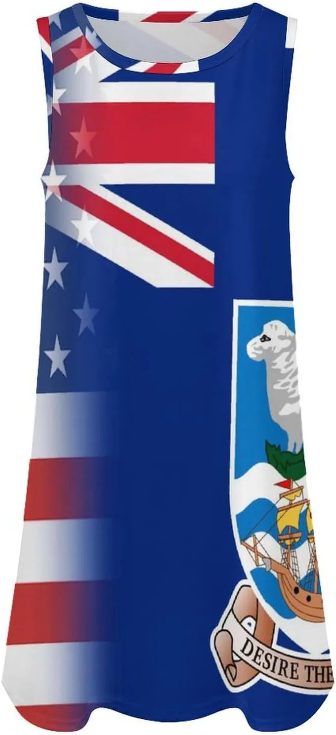 USA and Malvinas Islands Flag Women's Summer Dress Sleeveless Casual Loose Beach Vacation Tank Sundress