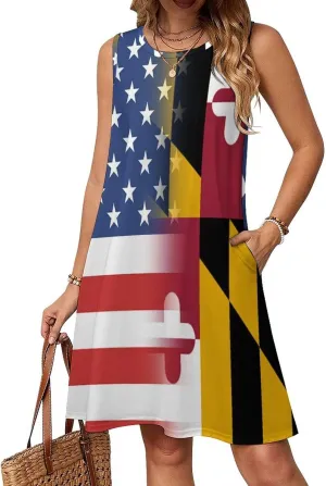 USA and Maryland State Flag Women's Summer Dress Sleeveless Casual Loose Beach Vacation Tank Sundress