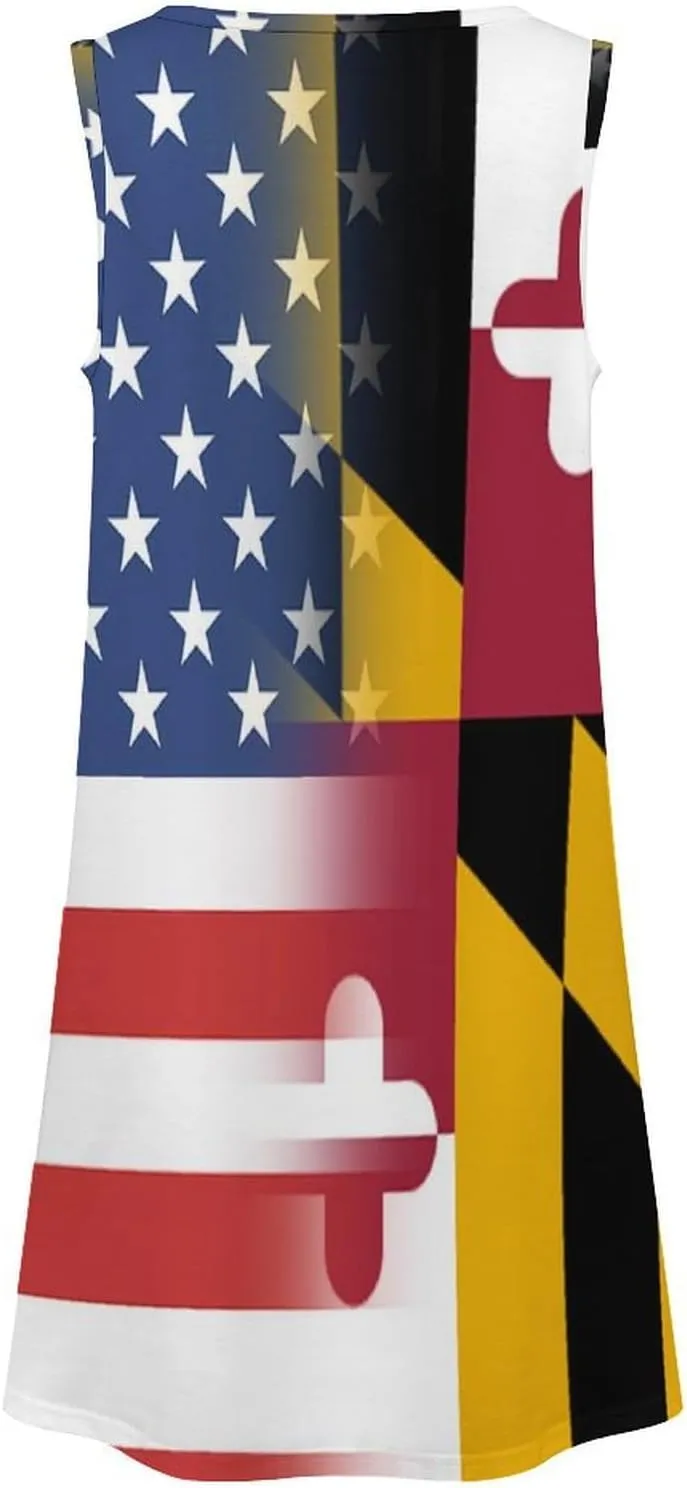USA and Maryland State Flag Women's Summer Dress Sleeveless Casual Loose Beach Vacation Tank Sundress