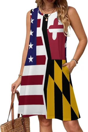 USA and Maryland State Flag Women's Summer Dress Sleeveless Casual Loose Beach Vacation Tank Sundress