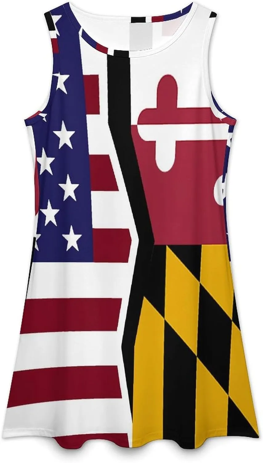 USA and Maryland State Flag Women's Summer Dress Sleeveless Casual Loose Beach Vacation Tank Sundress