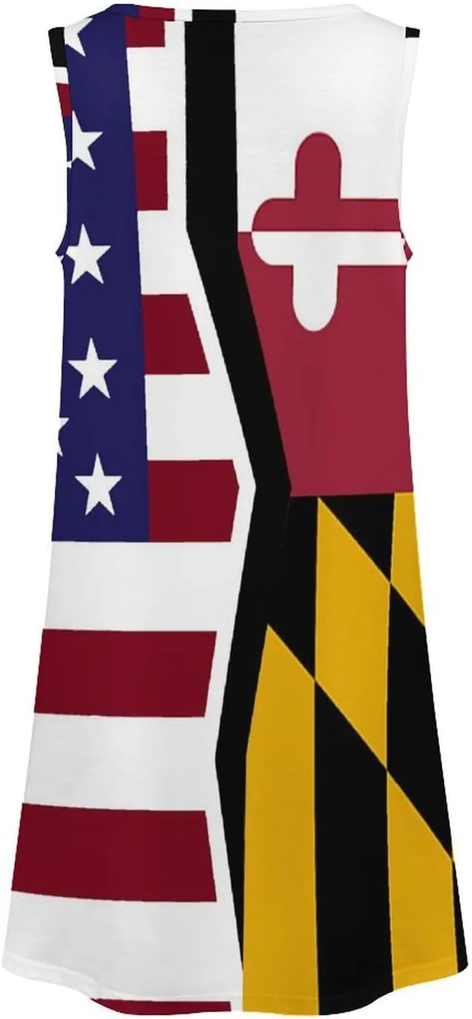 USA and Maryland State Flag Women's Summer Dress Sleeveless Casual Loose Beach Vacation Tank Sundress