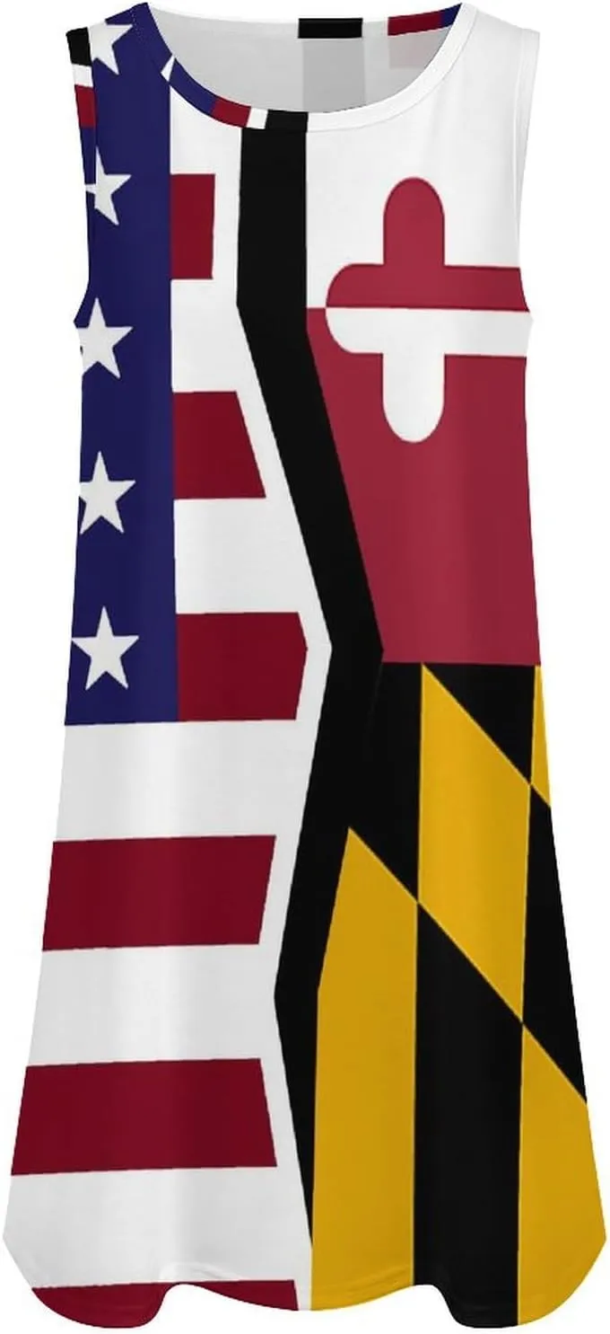 USA and Maryland State Flag Women's Summer Dress Sleeveless Casual Loose Beach Vacation Tank Sundress