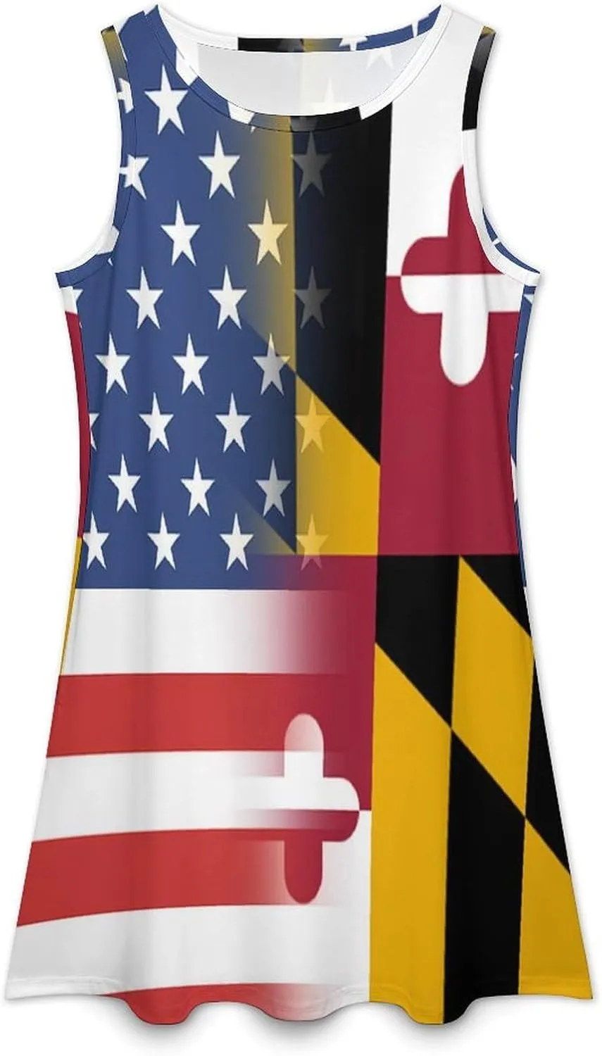 USA and Maryland State Flag Women's Summer Dress Sleeveless Casual Loose Beach Vacation Tank Sundress