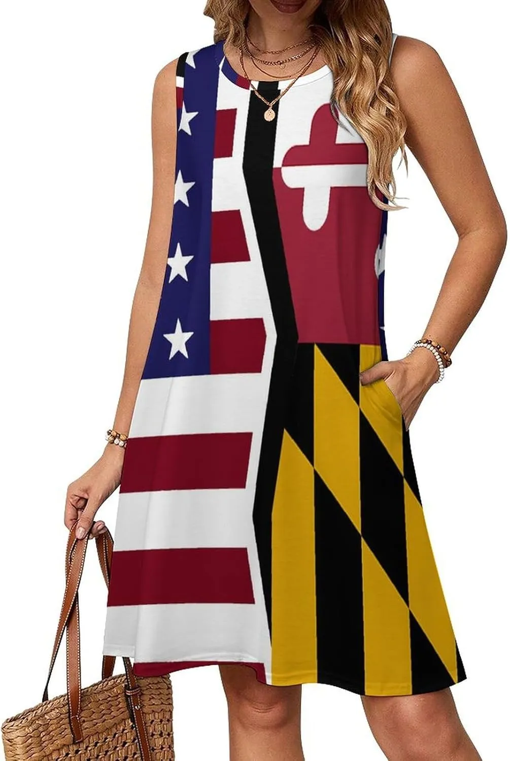 USA and Maryland State Flag Women's Summer Dress Sleeveless Casual Loose Beach Vacation Tank Sundress
