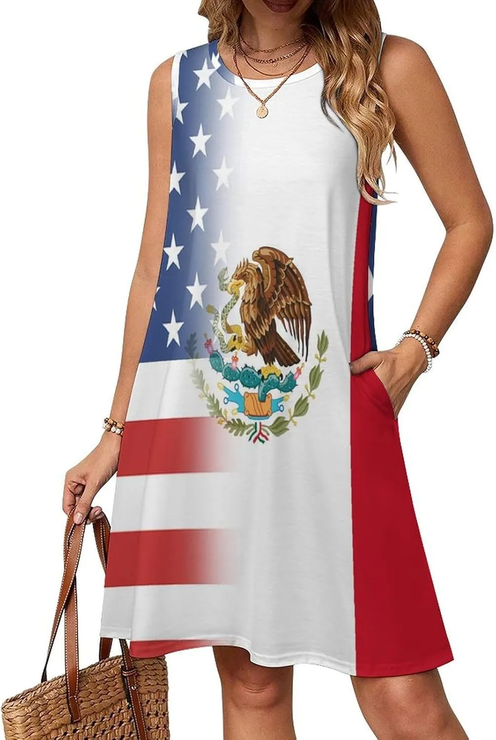 USA and Mexican Flag Women's Summer Dress Sleeveless Casual Loose Beach Vacation Tank Sundress