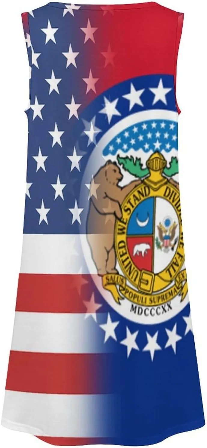 USA and Missouri State Flag Women's Summer Dress Sleeveless Casual Loose Beach Vacation Tank Sundress