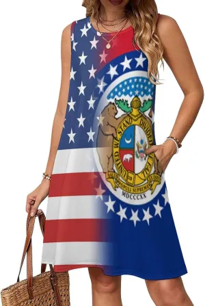 USA and Missouri State Flag Women's Summer Dress Sleeveless Casual Loose Beach Vacation Tank Sundress