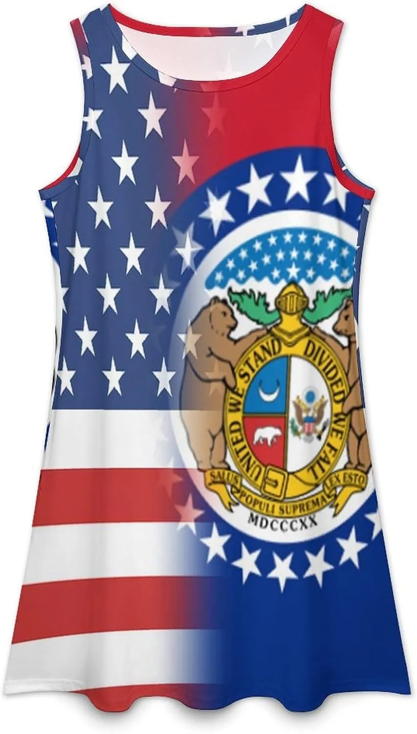 USA and Missouri State Flag Women's Summer Dress Sleeveless Casual Loose Beach Vacation Tank Sundress