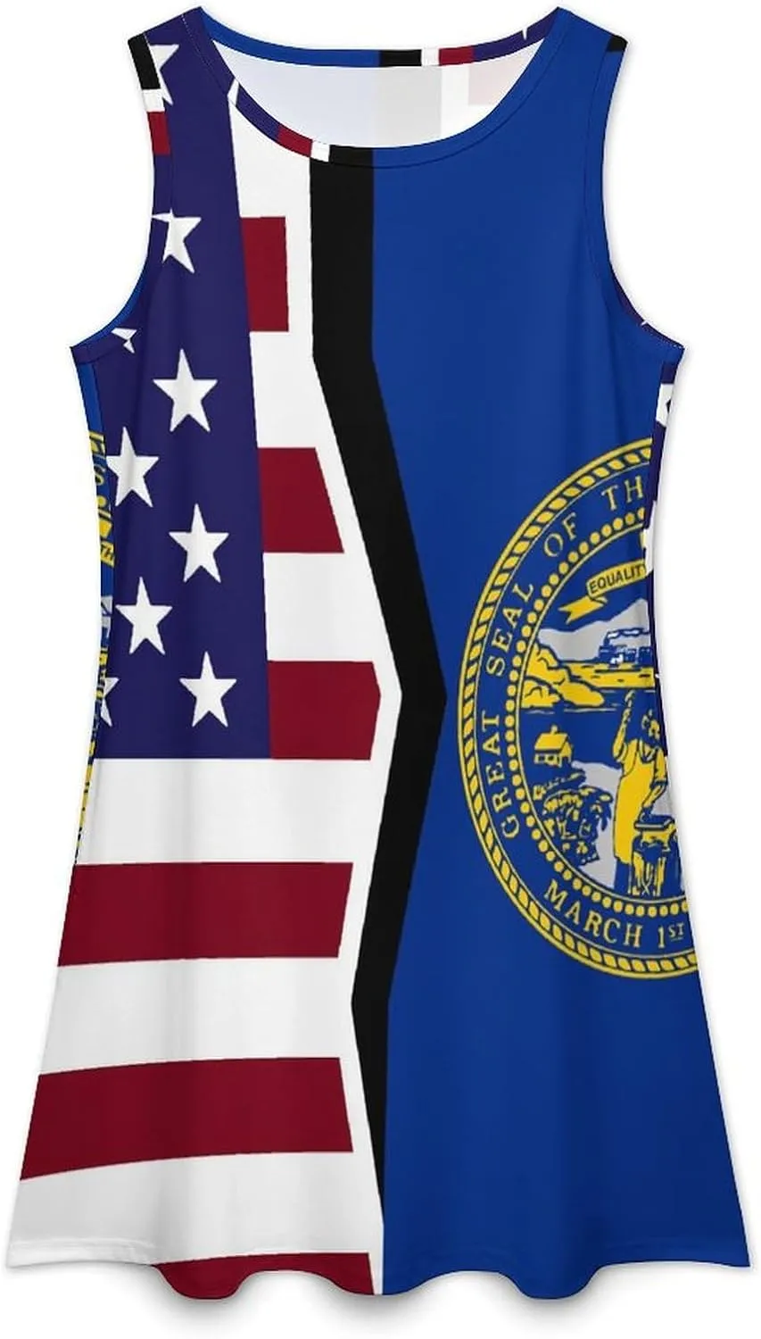 USA and Nebraska State Flag Women's Summer Dress Sleeveless Casual Loose Beach Vacation Tank Sundress