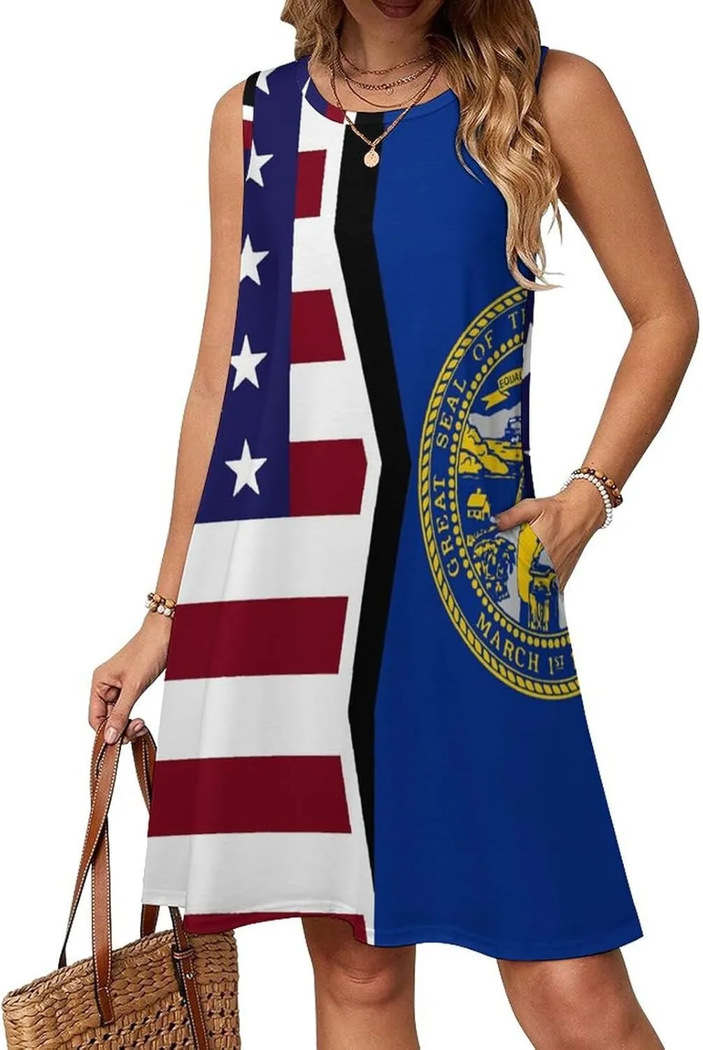 USA and Nebraska State Flag Women's Summer Dress Sleeveless Casual Loose Beach Vacation Tank Sundress
