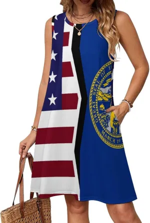USA and Nebraska State Flag Women's Summer Dress Sleeveless Casual Loose Beach Vacation Tank Sundress