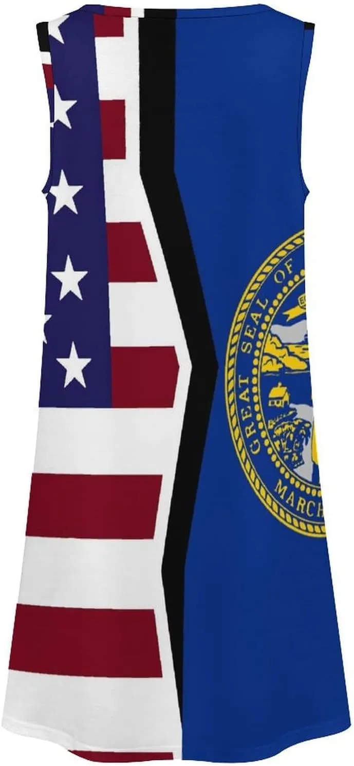 USA and Nebraska State Flag Women's Summer Dress Sleeveless Casual Loose Beach Vacation Tank Sundress