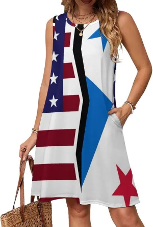 USA and Panama Flag Women's Summer Dress Sleeveless Casual Loose Beach Vacation Tank Sundress