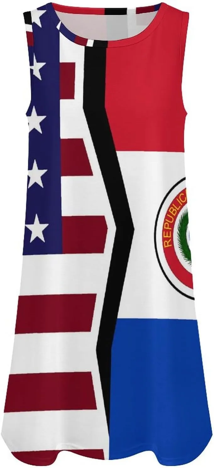 USA and Paraguay Flag Women's Summer Dress Sleeveless Casual Loose Beach Vacation Tank Sundress