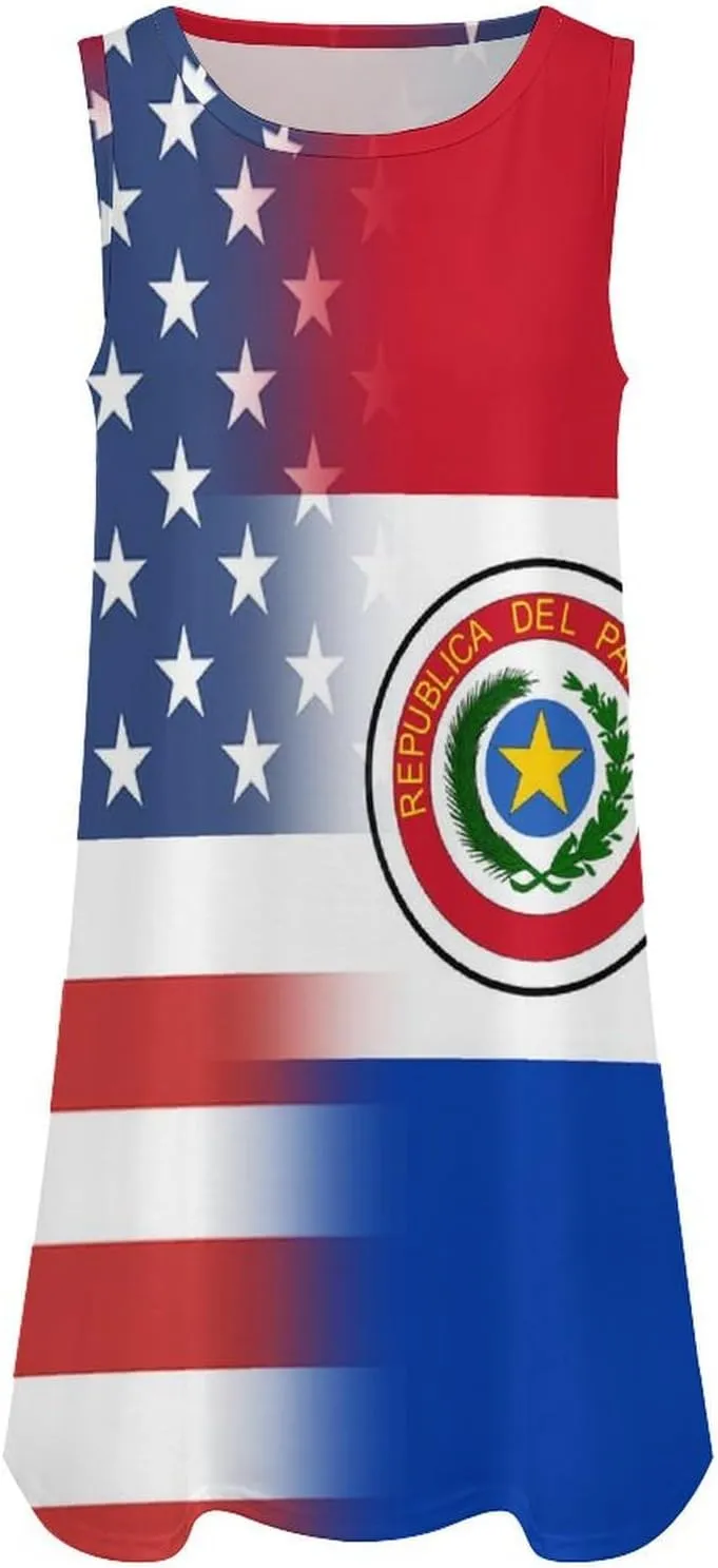 USA and Paraguay Flag Women's Summer Dress Sleeveless Casual Loose Beach Vacation Tank Sundress