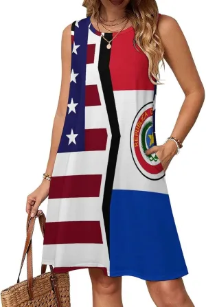 USA and Paraguay Flag Women's Summer Dress Sleeveless Casual Loose Beach Vacation Tank Sundress