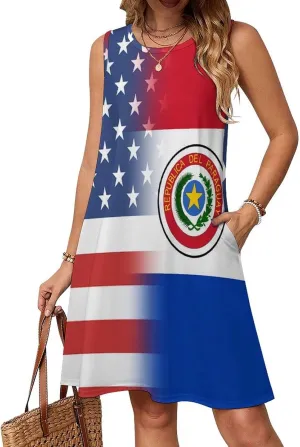 USA and Paraguay Flag Women's Summer Dress Sleeveless Casual Loose Beach Vacation Tank Sundress