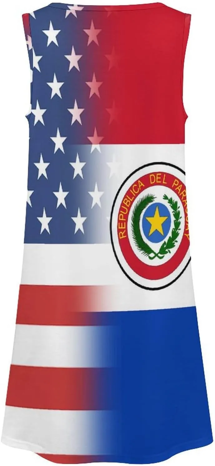 USA and Paraguay Flag Women's Summer Dress Sleeveless Casual Loose Beach Vacation Tank Sundress