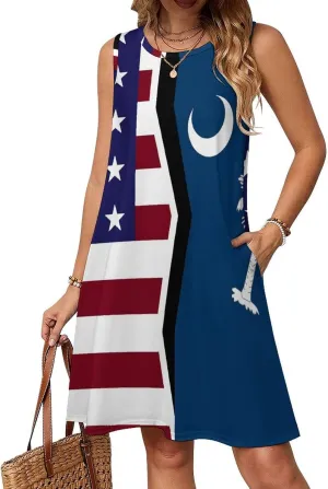 USA and South Carolina State Flag Women's Summer Dress Sleeveless Casual Loose Beach Vacation Tank Sundress