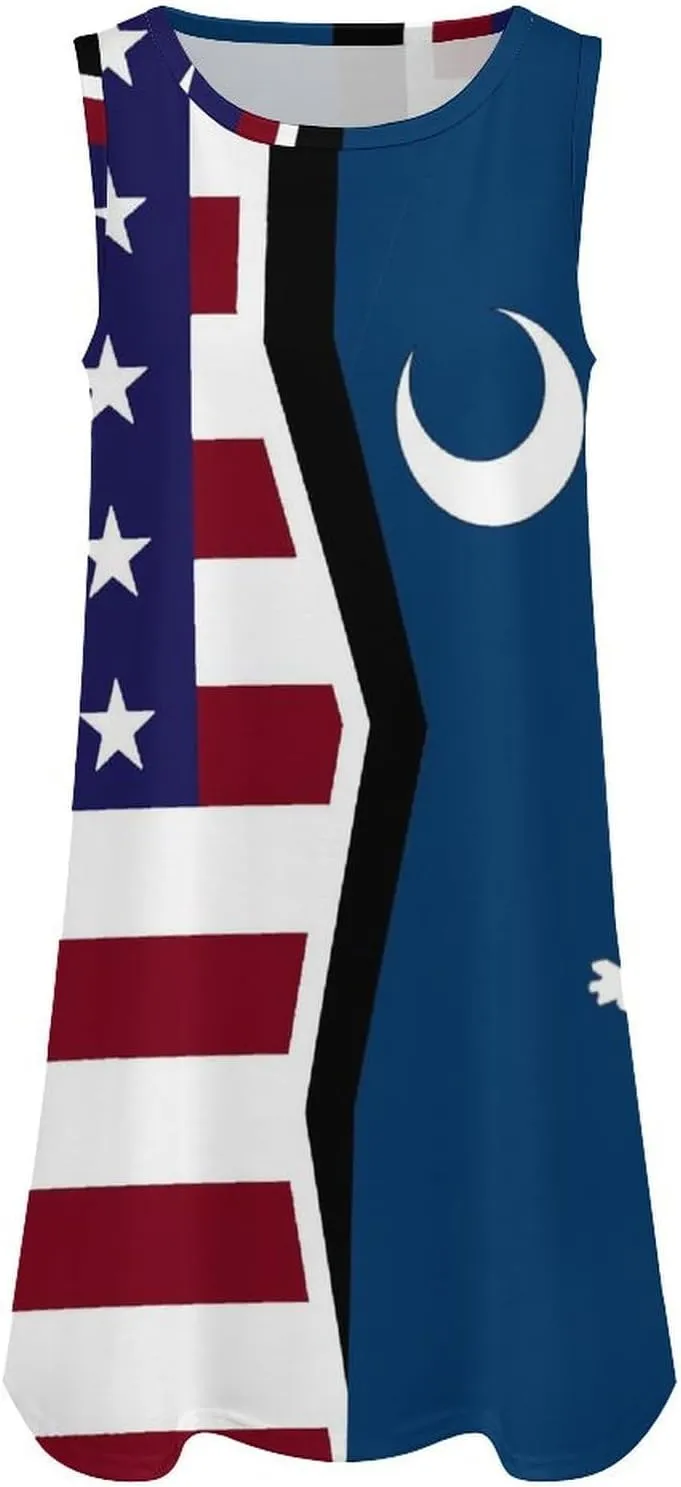 USA and South Carolina State Flag Women's Summer Dress Sleeveless Casual Loose Beach Vacation Tank Sundress