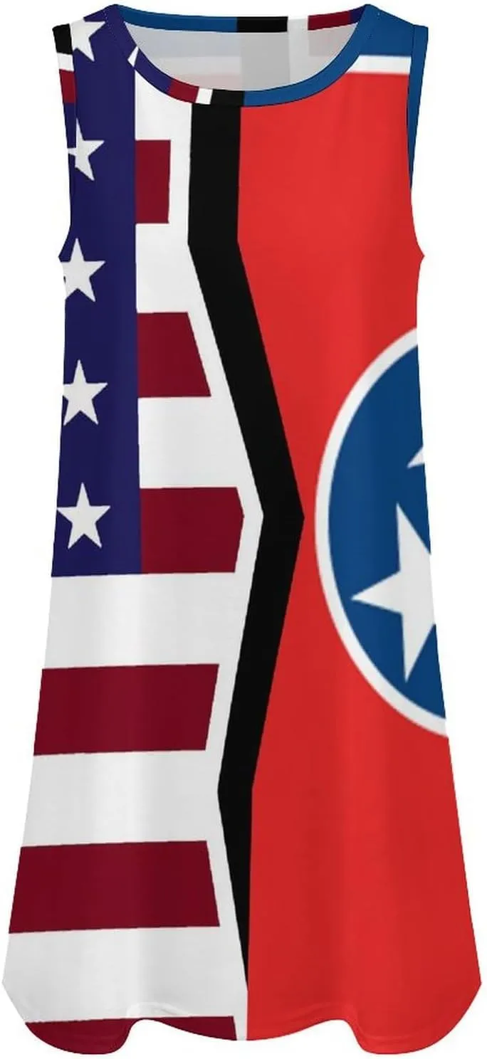 USA and Tennessee State Flag Women's Summer Dress Sleeveless Casual Loose Beach Vacation Tank Sundress