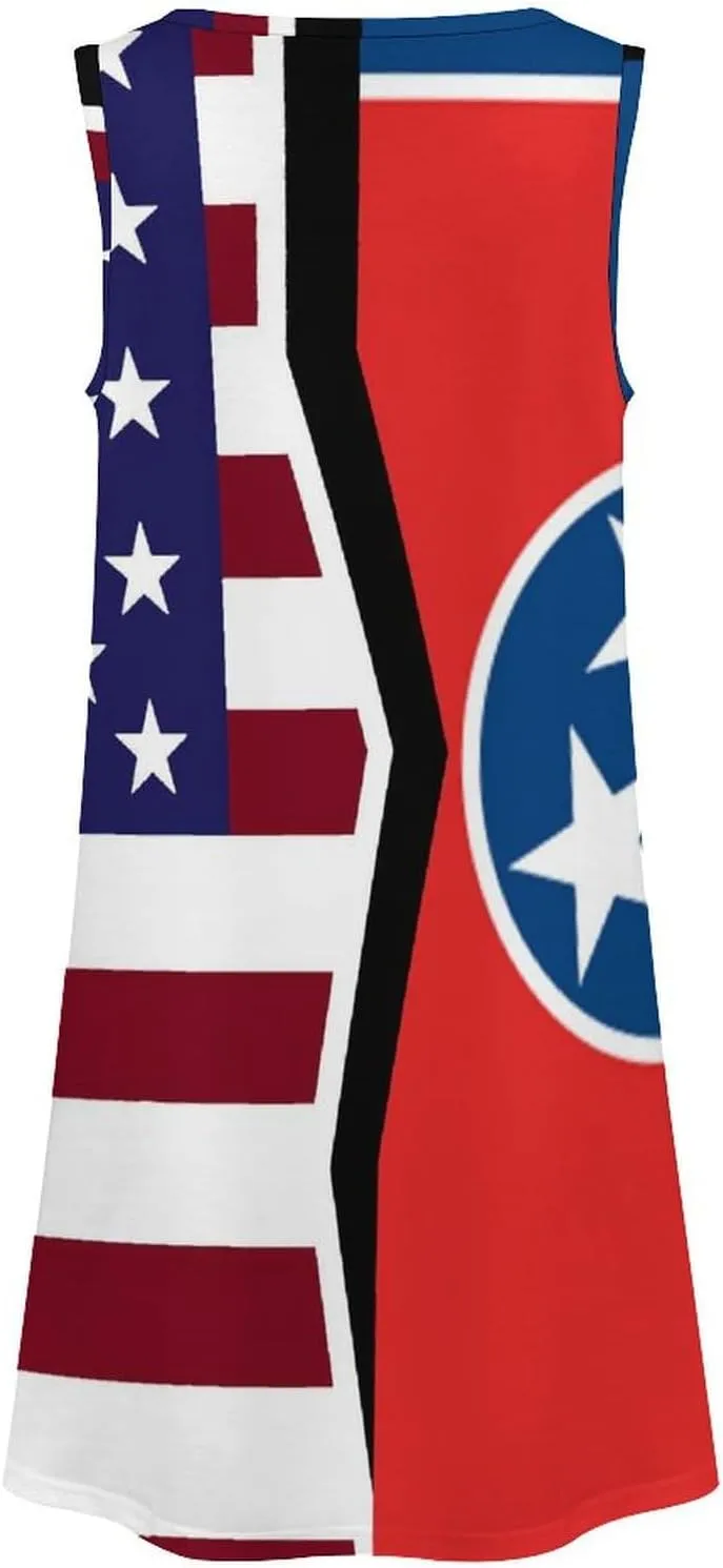 USA and Tennessee State Flag Women's Summer Dress Sleeveless Casual Loose Beach Vacation Tank Sundress