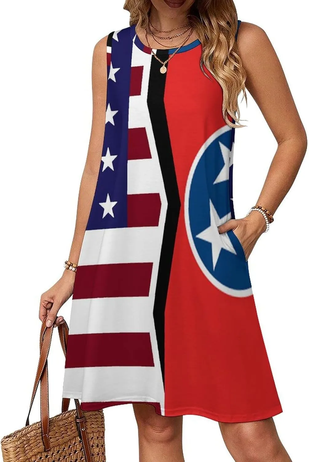 USA and Tennessee State Flag Women's Summer Dress Sleeveless Casual Loose Beach Vacation Tank Sundress