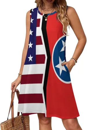 USA and Tennessee State Flag Women's Summer Dress Sleeveless Casual Loose Beach Vacation Tank Sundress