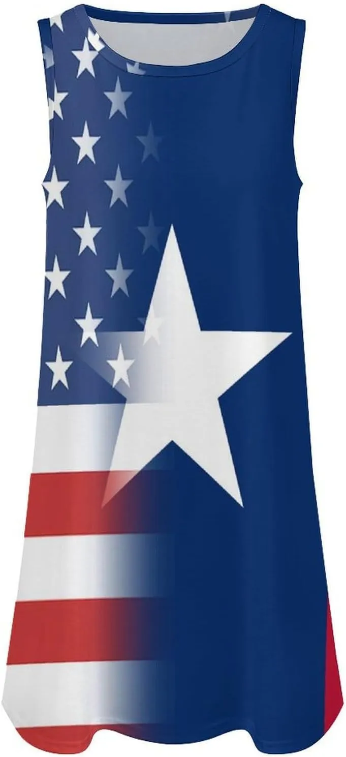 USA and Texas State Flag Women's Summer Dress Sleeveless Casual Loose Beach Vacation Tank Sundress