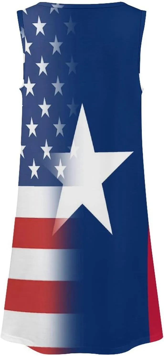 USA and Texas State Flag Women's Summer Dress Sleeveless Casual Loose Beach Vacation Tank Sundress