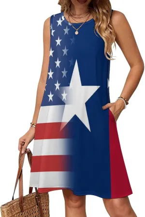 USA and Texas State Flag Women's Summer Dress Sleeveless Casual Loose Beach Vacation Tank Sundress