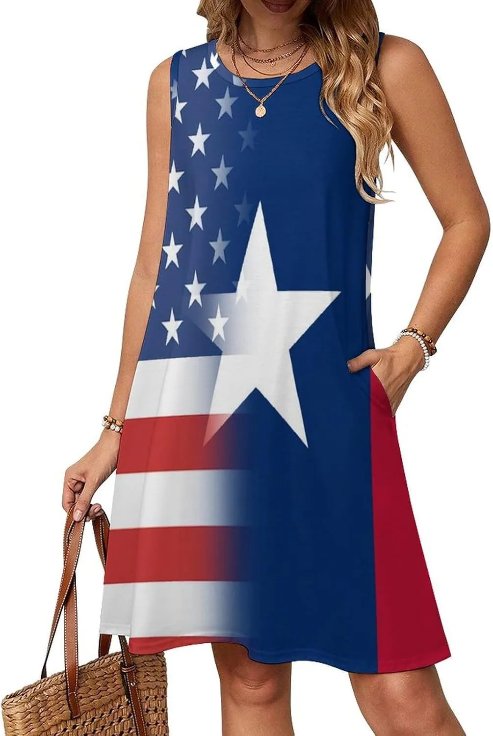 USA and Texas State Flag Women's Summer Dress Sleeveless Casual Loose Beach Vacation Tank Sundress